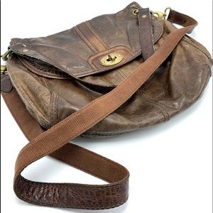 Vintage Distressed Brown Fossil Leather Hobo Shoulder Crossbody Handbag Purse